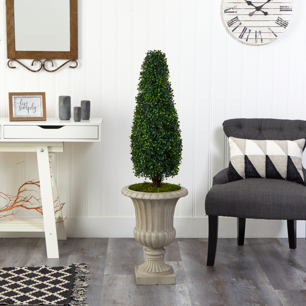 4' Boxwood Tower Faux Topiary Tree Sand Finished Urn UV Resistant Indoor/Outdoor