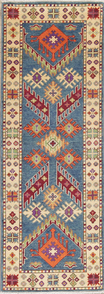 Kazak Oriental Hand-Knotted Traditional Pakistani Runner Rug, Blue, 5'10"X2'1"