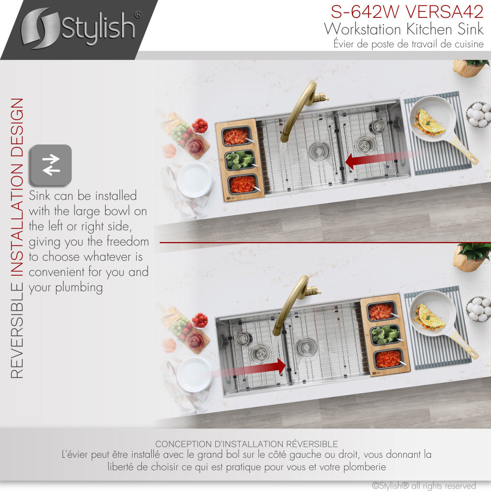 STYLISH 42"x19 W" Undermount 70/30 Double Bowl 16G Workstation Kitchen Sink