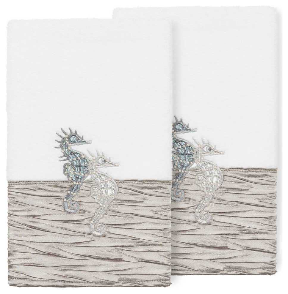 100% Turkish Cotton Sofia 2-Piece Embellished Hand Towel Set, White / Gray