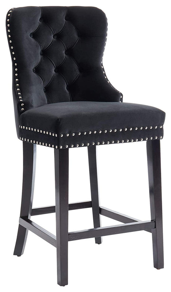 Set of 2 Modern Velvet & Solid Wood Counter Stool in Black