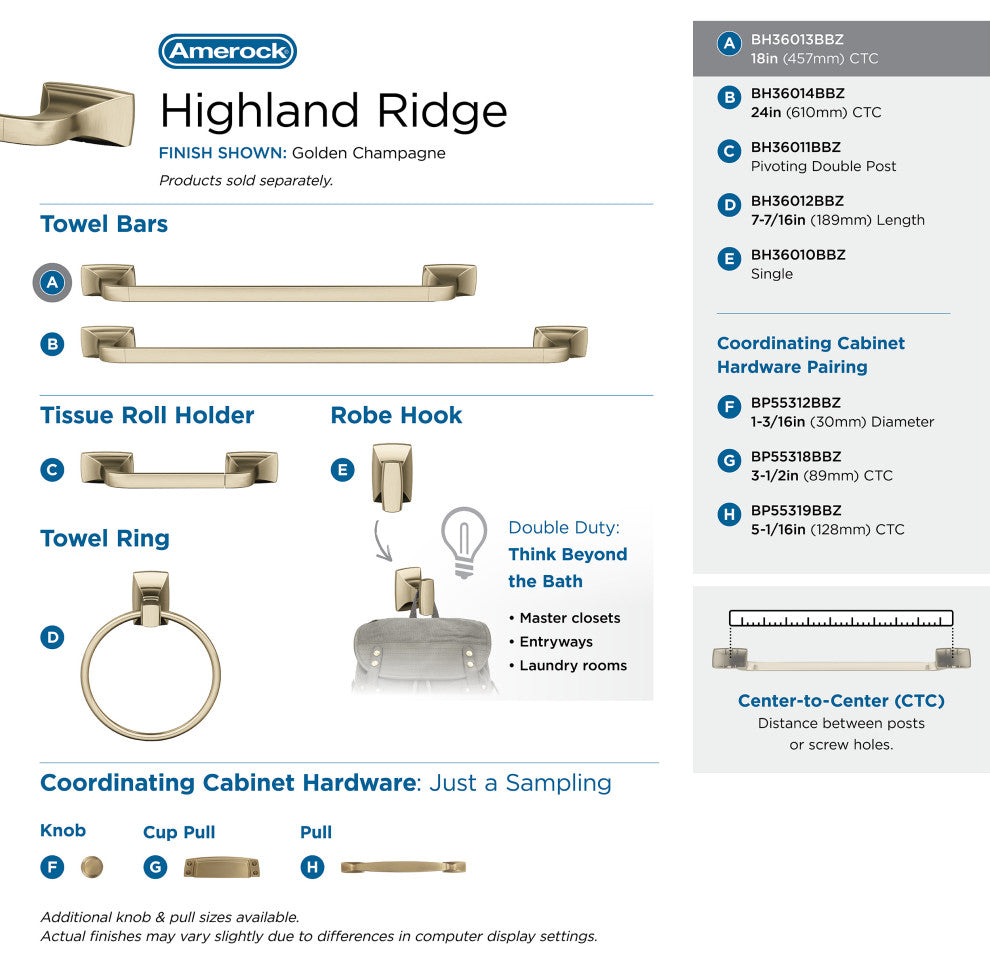 Amerock Highland Ridge Transitional Towel Bar, Golden Champagne, 18" Center-to-C