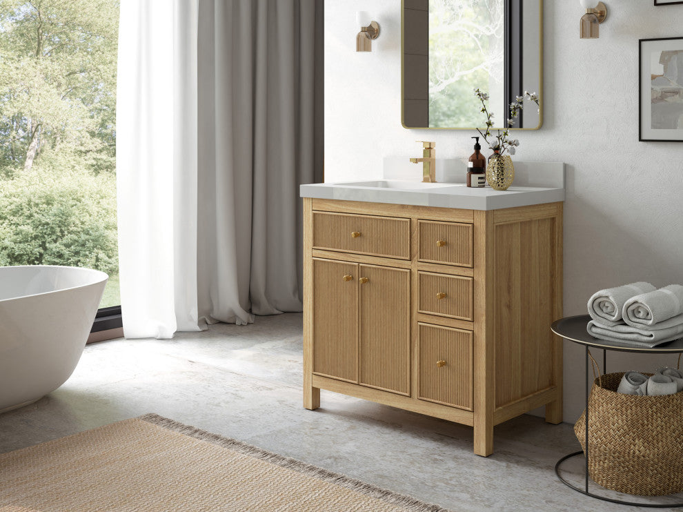 Sonoma 36 Left Offset Bath Vanity in Light Natural Teak with 1.5" Calacatta Laza