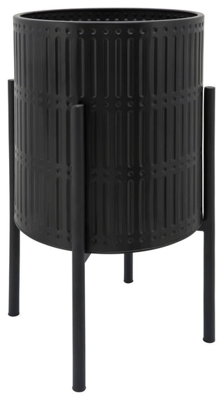 2-Piece Set Ridged Planters In Metal Stand, Black