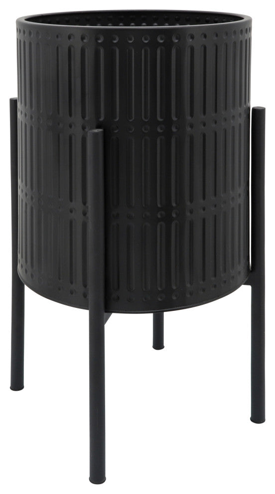 2-Piece Set Ridged Planters In Metal Stand, Black