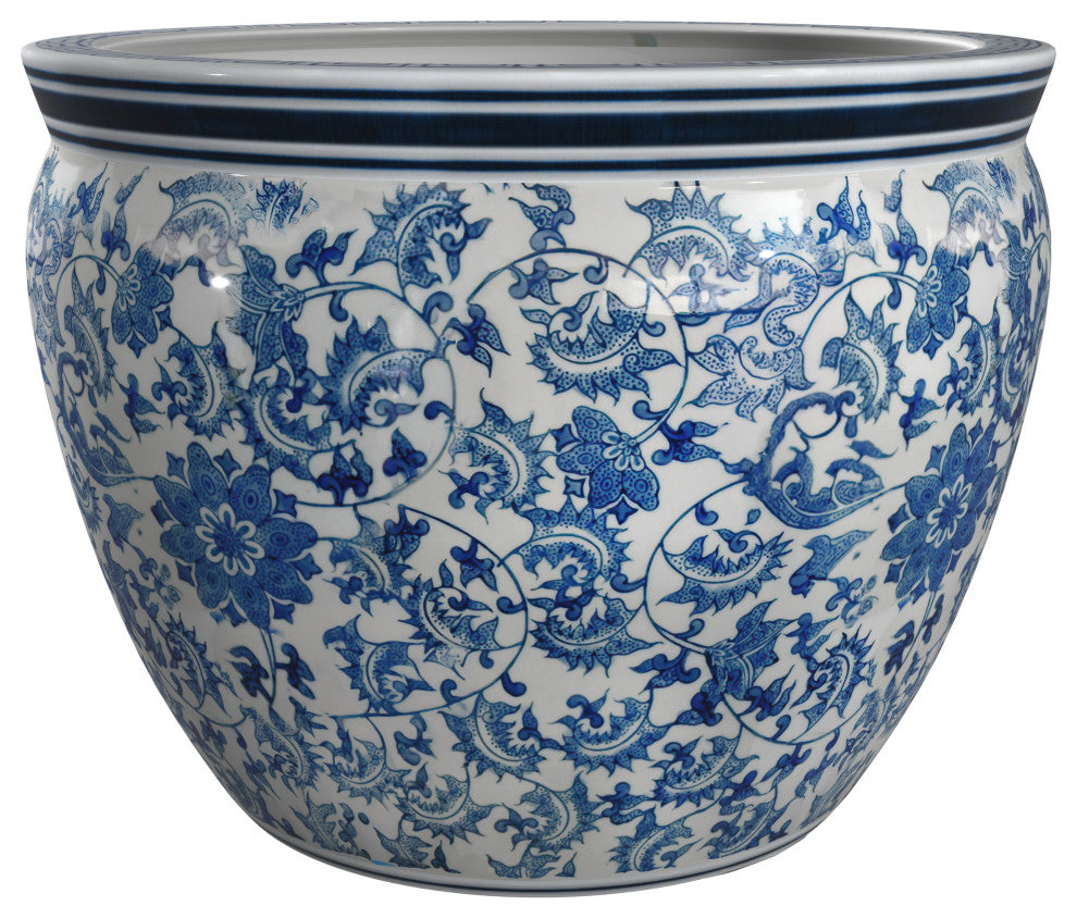16" Floral Blue and White Porcelain Fishbowl