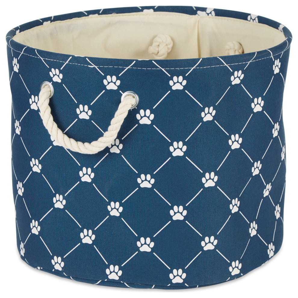 Polyester Pet Bin Trellis Paw Navy Round Small 9x12x12