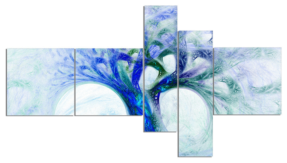 Blue Mystic Psychedelic Tree, Abstract Wall Art Canvas, 60"x32", 5 panels