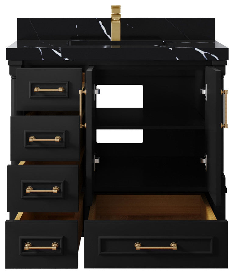 Aberdeen 36 Center Sink Bath Vanity In Black 2" Calacatta Black