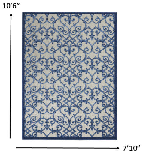 8' X 11' Blue And Gray Floral Indoor Outdoor Area Rug