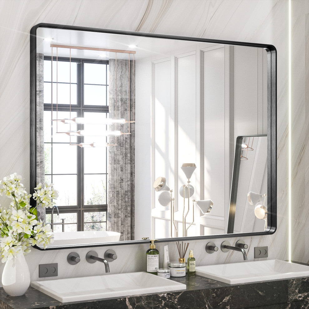 Metal Frame Decorative Rectangular Wall Mount Mirror, Black, 48"x36"