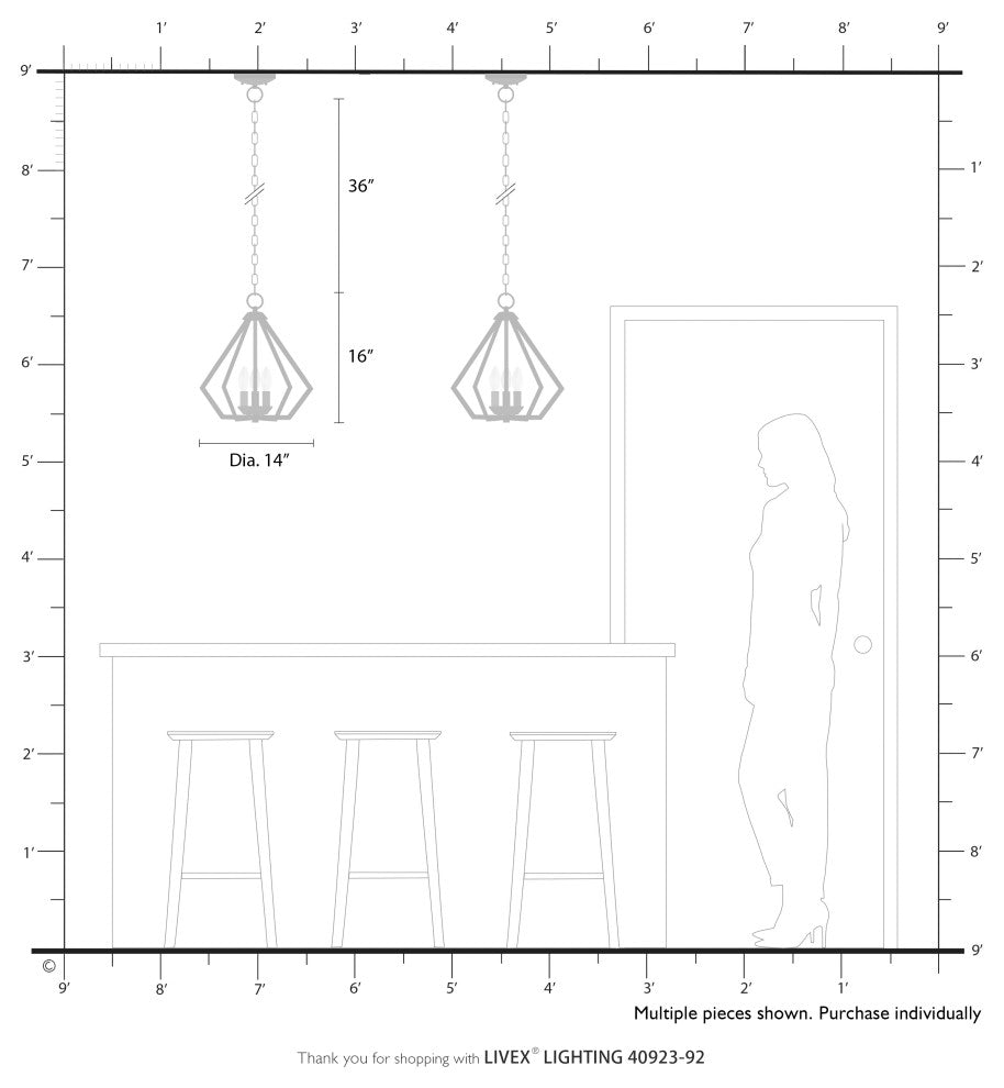 Prism 3-Light English Bronze Semi-Flush/Small Pendant, Antique Brass Accents