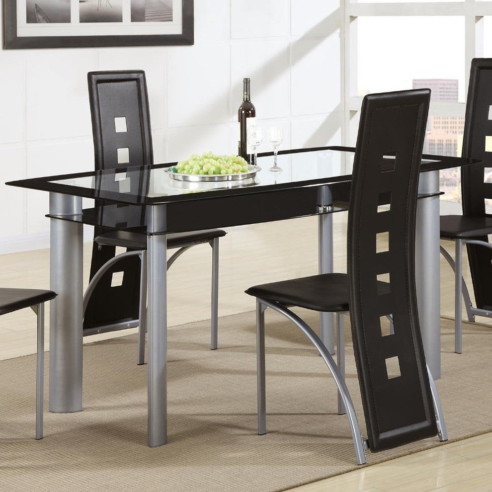 Rectangular Dining Table With Glass Top And Black Trim Silver