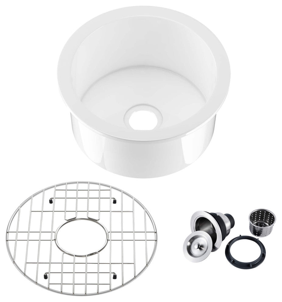 White Fireclay Farmhouse Undermount Kitchen Sink, Bottom Grid and Strain, 19"