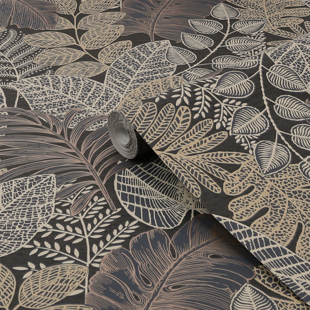 Superfresco Easy Scattered Leaves Wallpaper, Charcoal and Gold