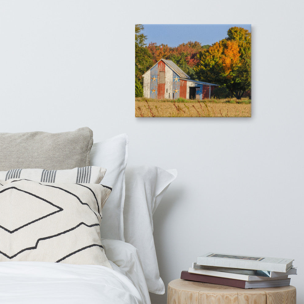 Patriotic Barn in Field Traditional Rural Canvas Wall Art Print, 16" X 20"