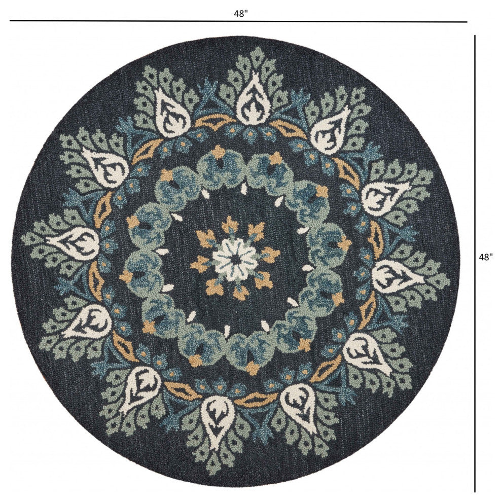 4' Round Black Floral Paradise Area Rug