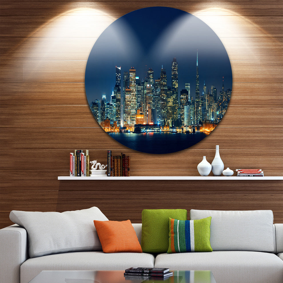 San Francisco Skyline At Night, Cityscape Round Metal Wall Art, 23"