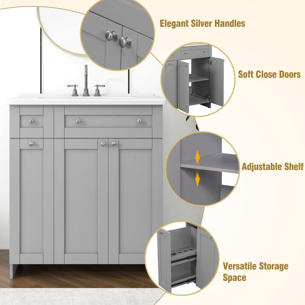 30 Inch MDF Freestanding Bathroom Vanity Set with Ceramic Sink, Grey