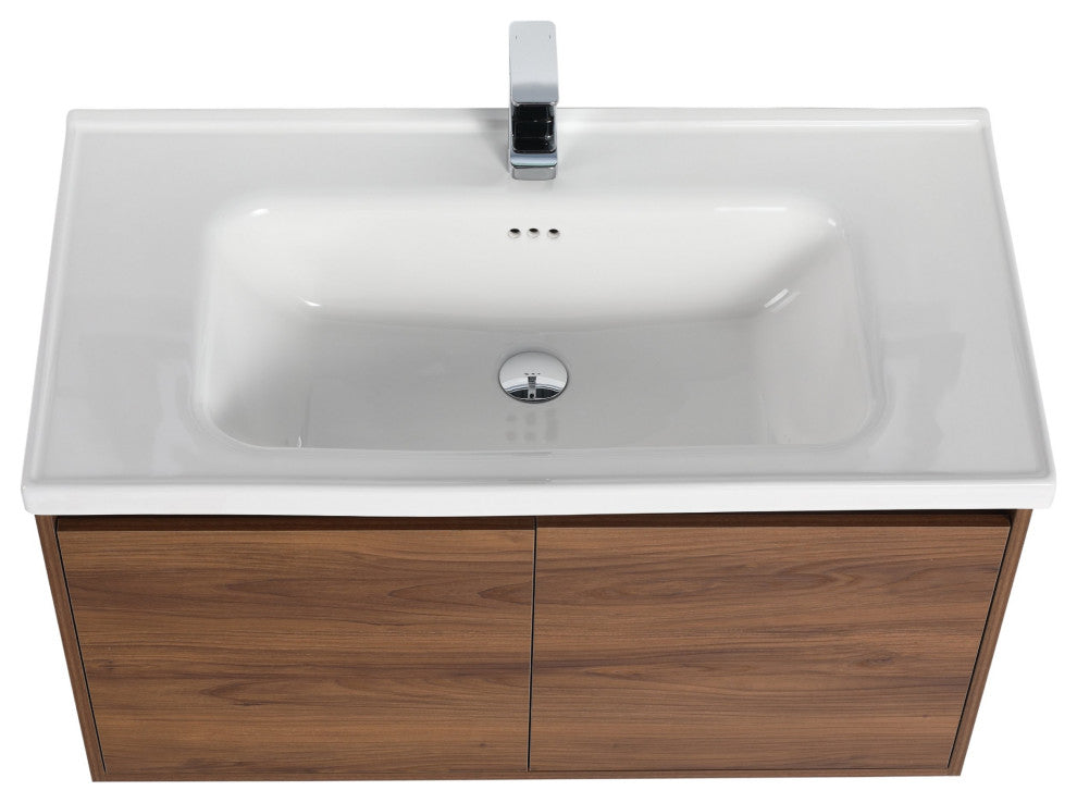Wall Mounted Bathroom Vanity, Brown Walnut, 36" W/ Sink