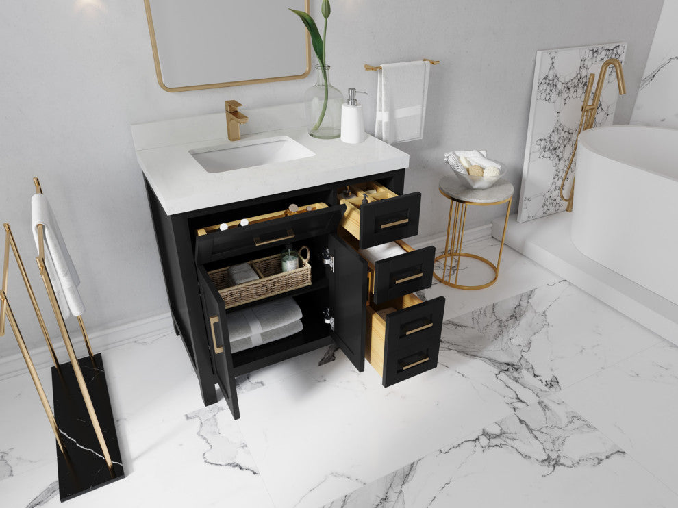 Cambridge 36 Left Offset Bath Vanity in Dark Forest Green 2" Carrara Quartz