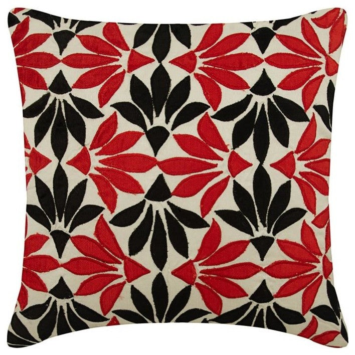 Decorative Velvet Applique Black & Red Silk 26"x26" Pillow Cover, Amaryllis