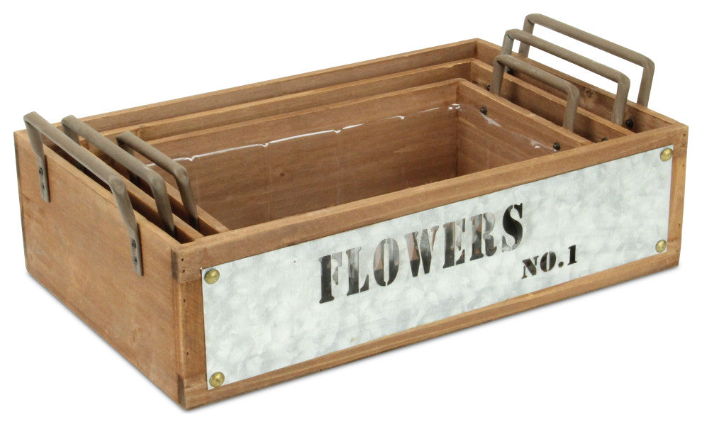 Set Of 3 Wood Storage With Galvanized Cutout Accent