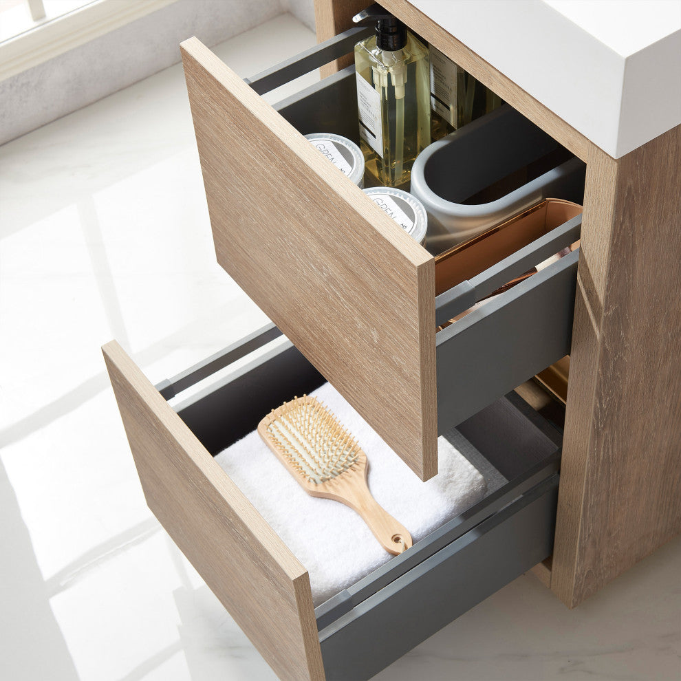Huesca Bath Vanity, Integrated Sink Top, North American Oak, 18", Without Mirror