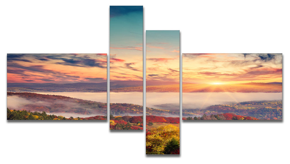Colorful Sunset in Foggy Mountains, Landscape Canvas Print, 60"x32", 4 panels