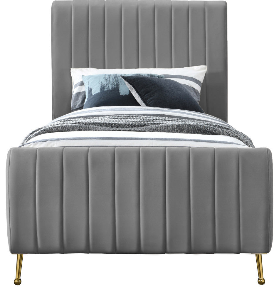 Zara Channel Tufted Velvet Upholstered Bed With Custom Gold Legs, Gray, Twin