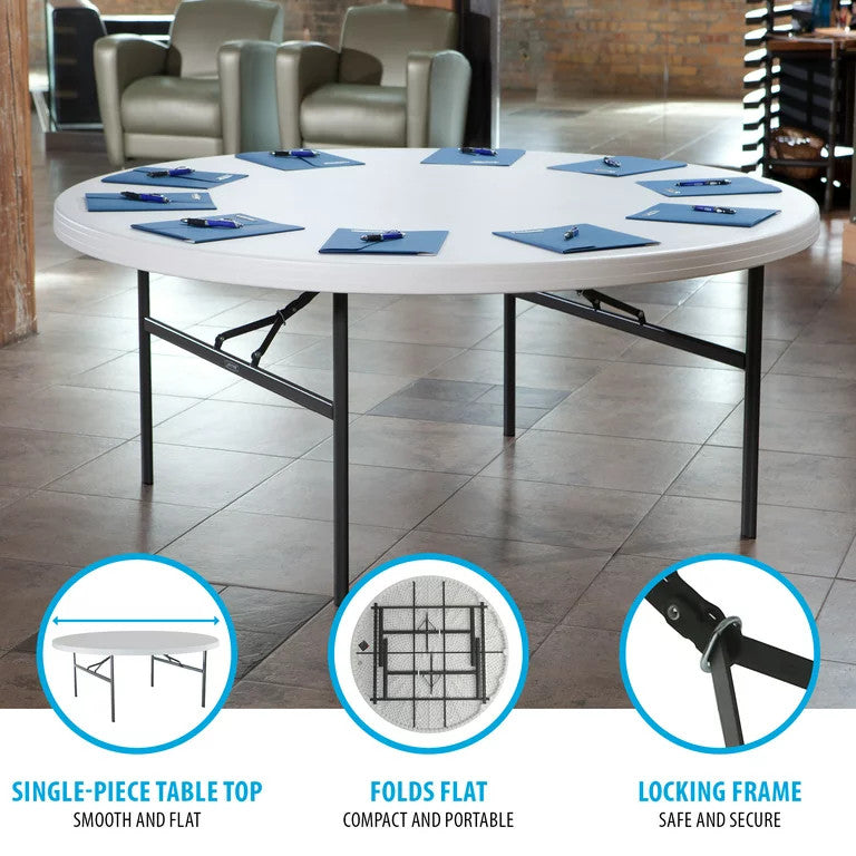 Folding Table, Sturdy Metal Legs & Round Plastic Top With White Granite Finish