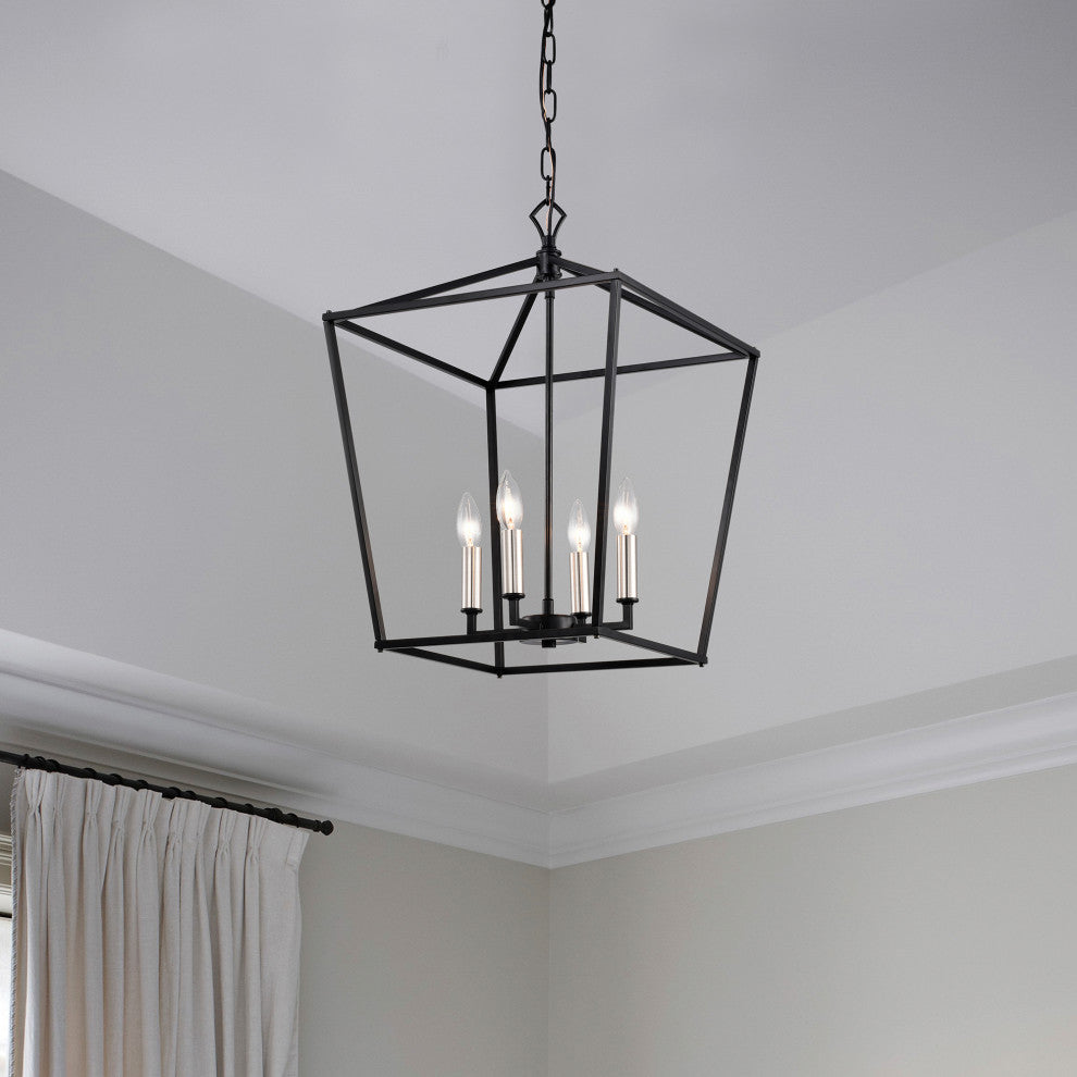 4-Light Matte Black Lantern Pendant Chandelier 16in With Nickle or Black Sleeve