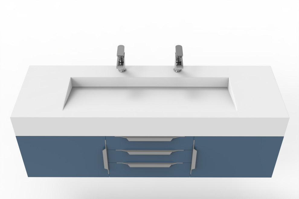 CastelloUSA Nile 60" Wall Mounted Vanity Set, Blue, White Top, Chrome Handles