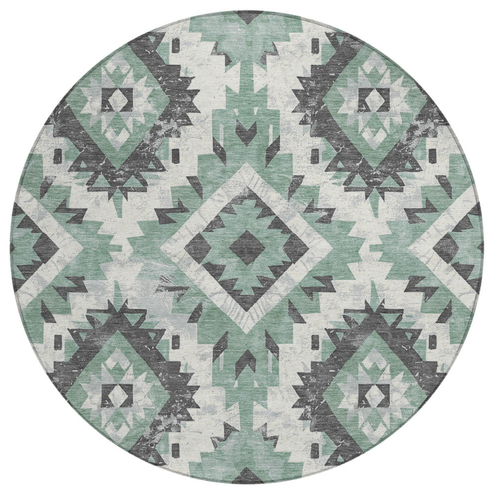 Machine Washable Indoor/Outdoor Chantille ACN1878 Teal 8' x 8' Round Rug