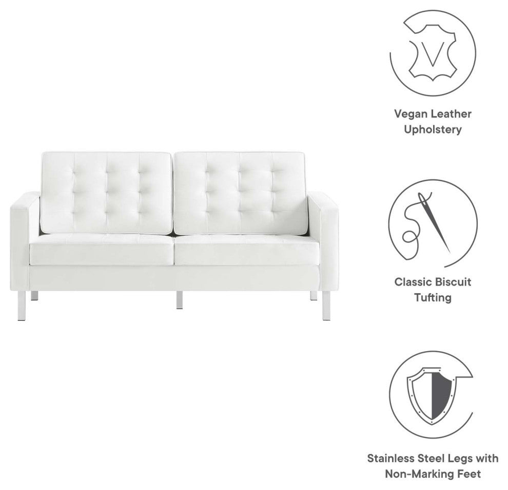 Modern Designer Lounge Loveseat Sofa, Faux Vinyl Leather, Grey Gray Silver, White