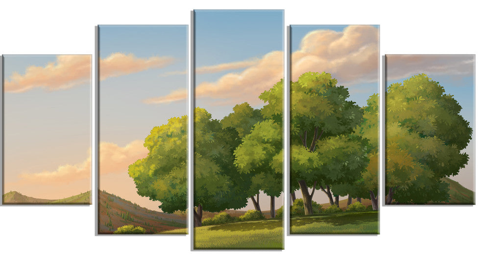 "Green Mounds With Green Trees" Landscape Wall Art Print, 5 Panels, 60"x32"