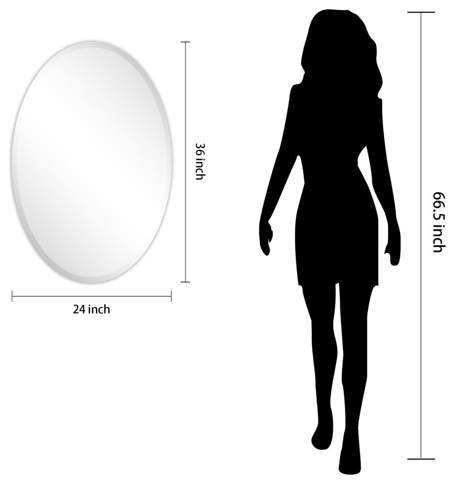 Frameless Beveled Oval Wall Mirror, 1" Beveled Edge, 36"x24"