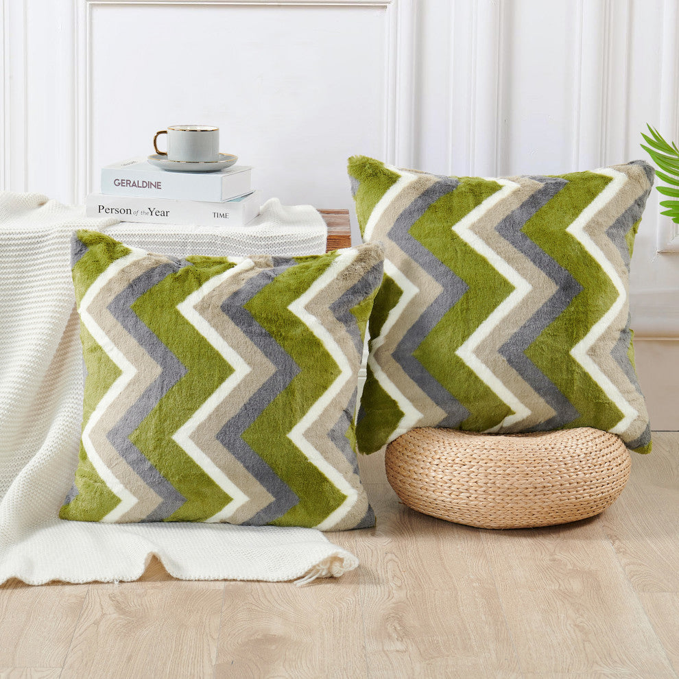 Chevron Faux Fur Pillow Shells, Set of 2, Taupe Green, 20"x20"