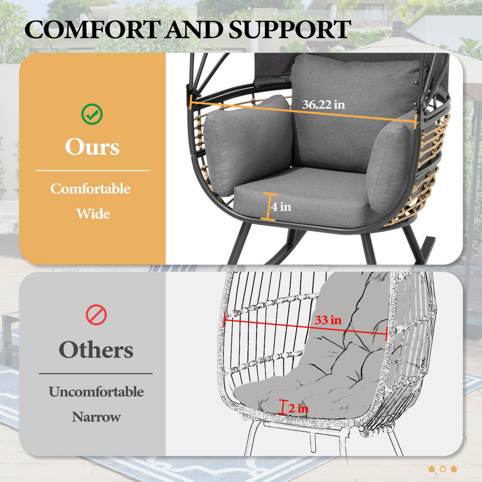 Egg Chair Outdoor Aluminum Rocking Lounge With Folding Canopy in Gray Finish, Gray