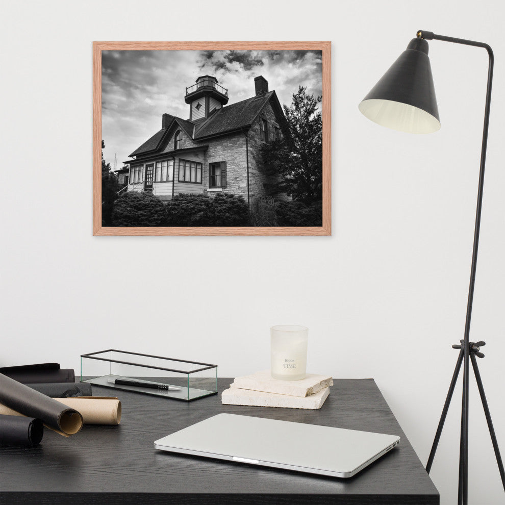 Cedar Point Lighthouse in Black and White Framed Photo Paper Wall Art Prints, Red Oak, 16" X 20"