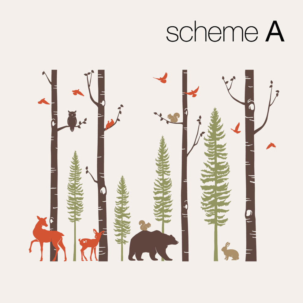 Birch Trees With Animals Wall Decal, Scheme A, 120" Tall Trees