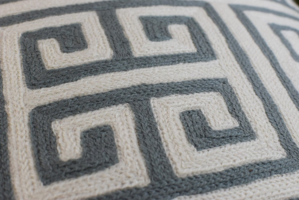 Greek Key Geometric Ivory Gray Accent Pillow Cover Handembroidered Wool 20x20"