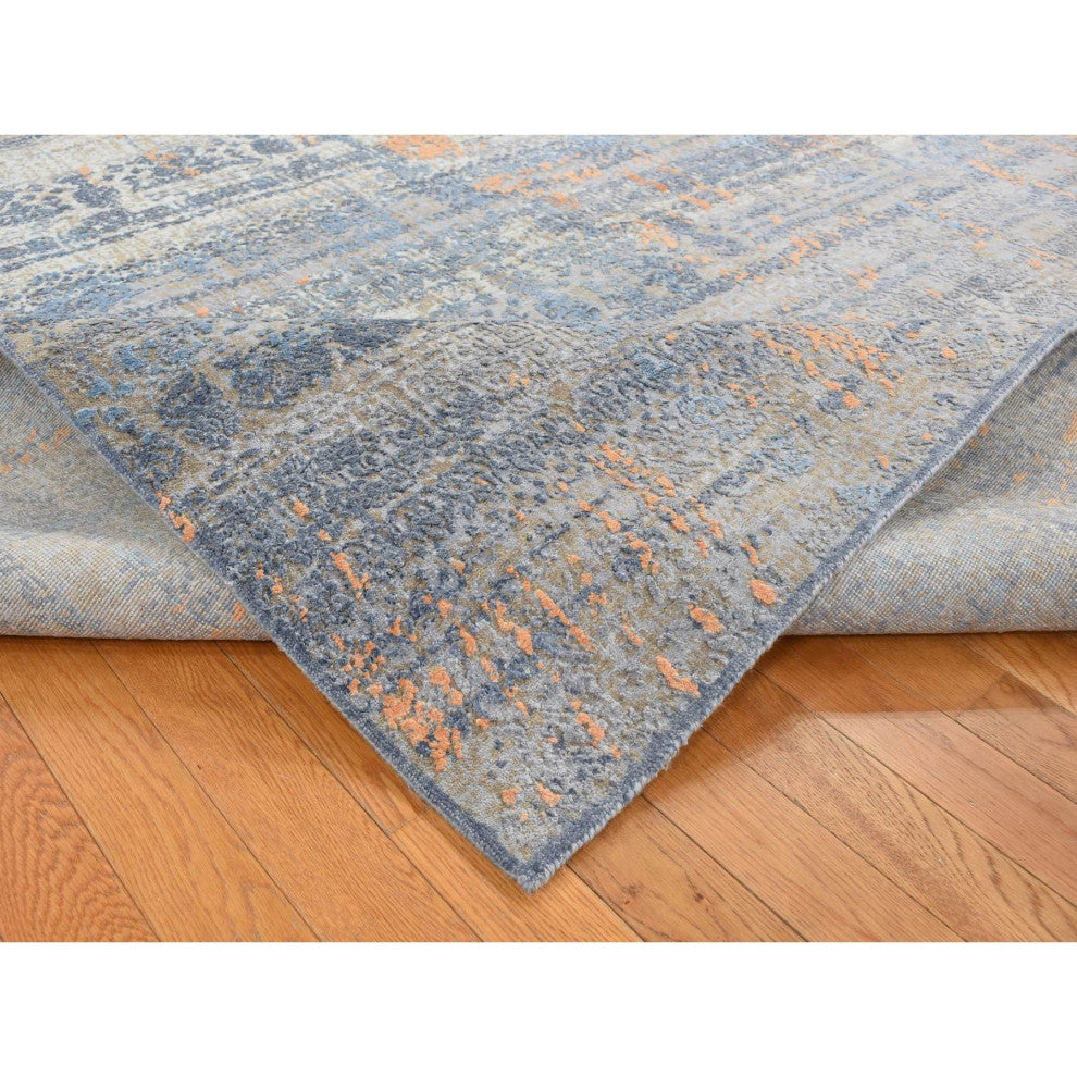Blue Silk with Wool Tone on Tone Modern Design Hand Knotted Rug 8' x 10'