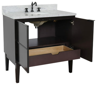 37" Single Vanity, Cappuccino Finish With White Carrara Top And Oval Sink