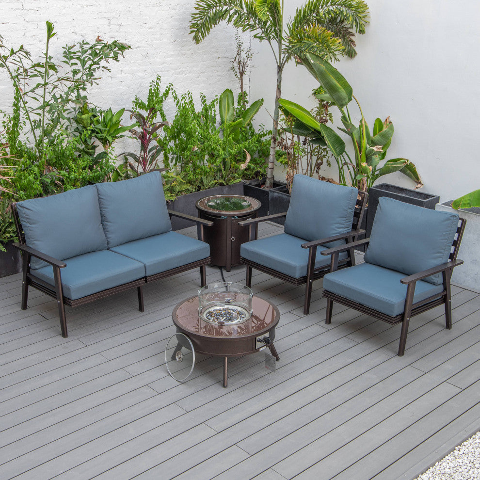 LeisureMod Walbrooke Brown Patio Sofa Set With Round Fire Pit Table, Navy Blue