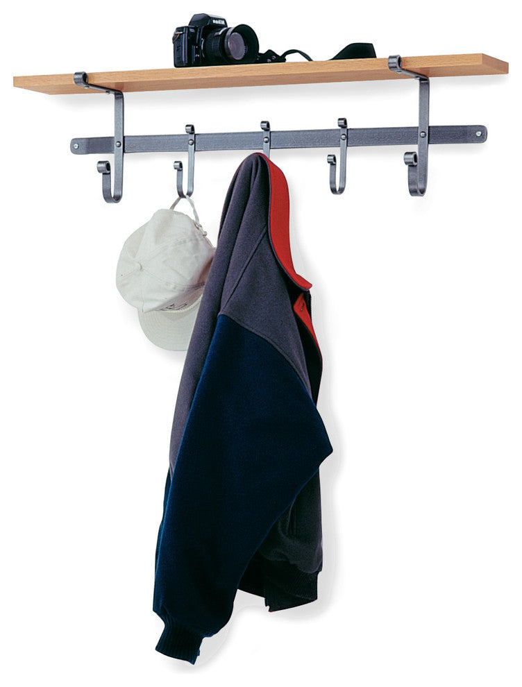 Handcrafted 36" Coat Rack with Solid Hard Wood Shelf & 5 Hooks Hammered Steel