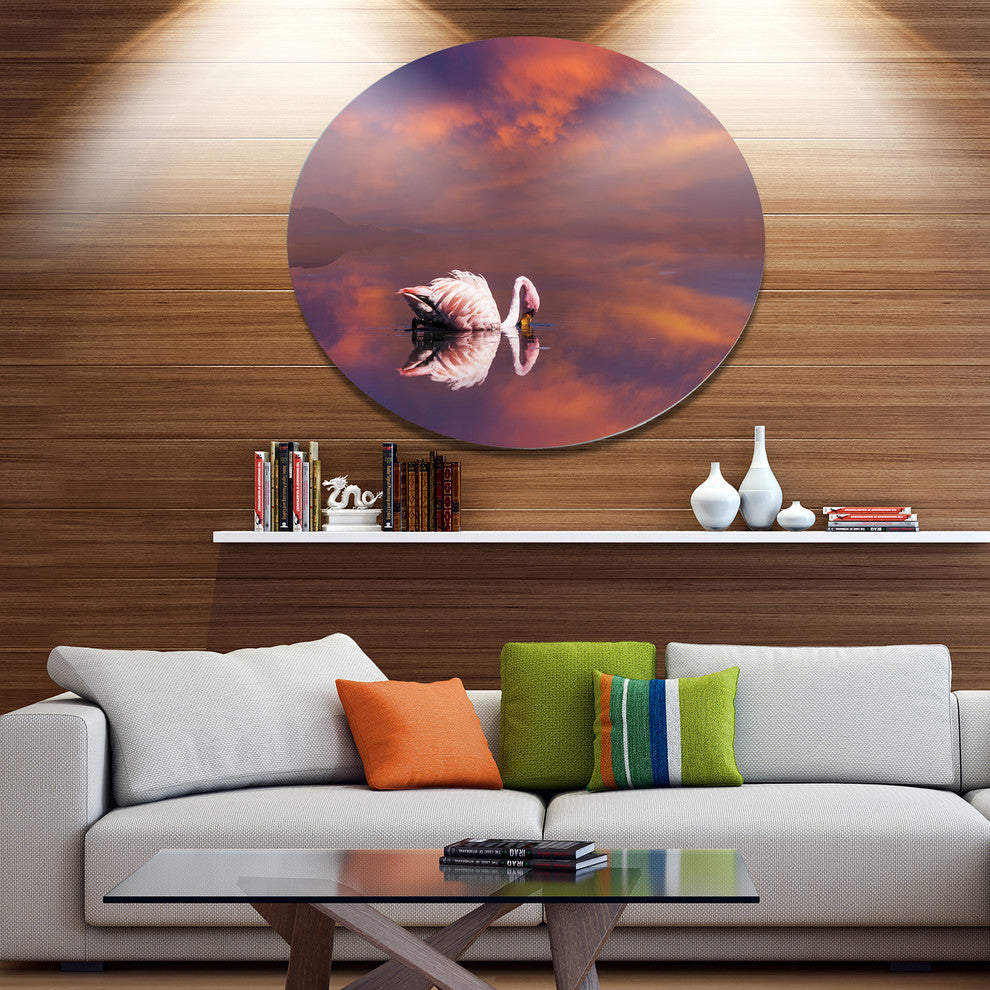 Huge White Flamingo In Lake, Animal Round Wall Art, 23"