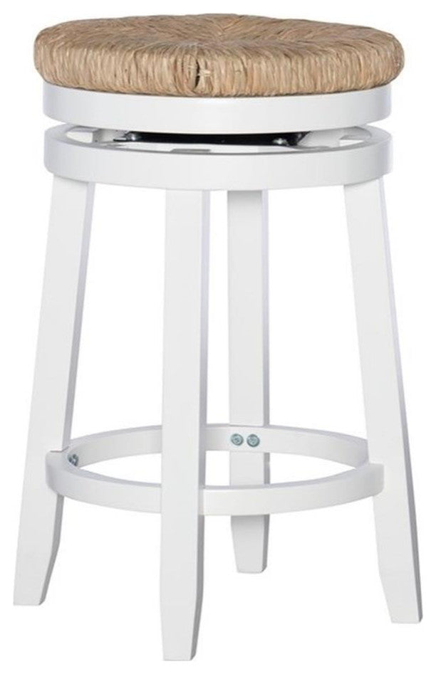 Linon Morgan 25.5" Wood Counter Stool Natural Seagrass Swivel Seat in White