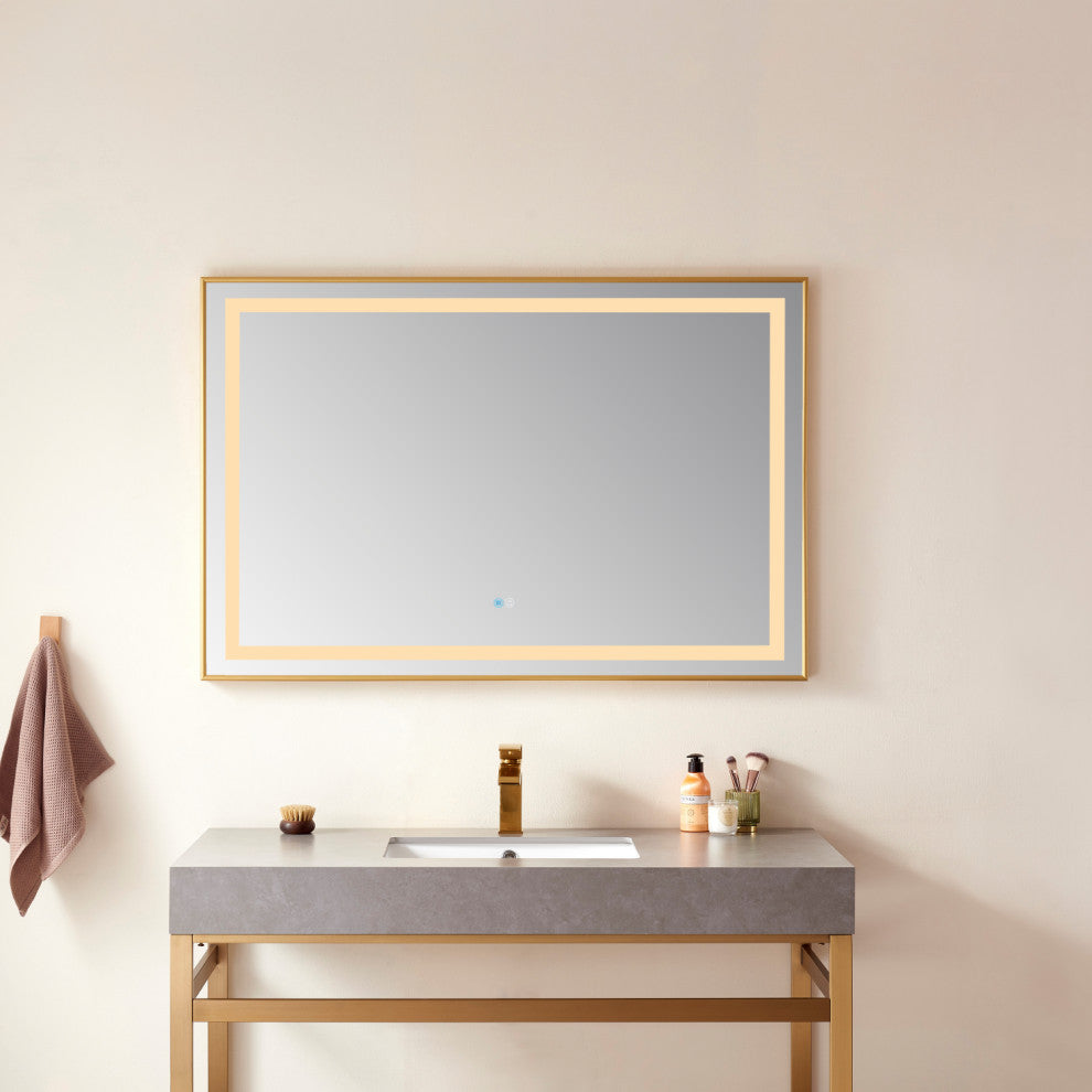 Horizontal Rectangular LED Wall Mount Bathroom Mirror, Gold, 48"