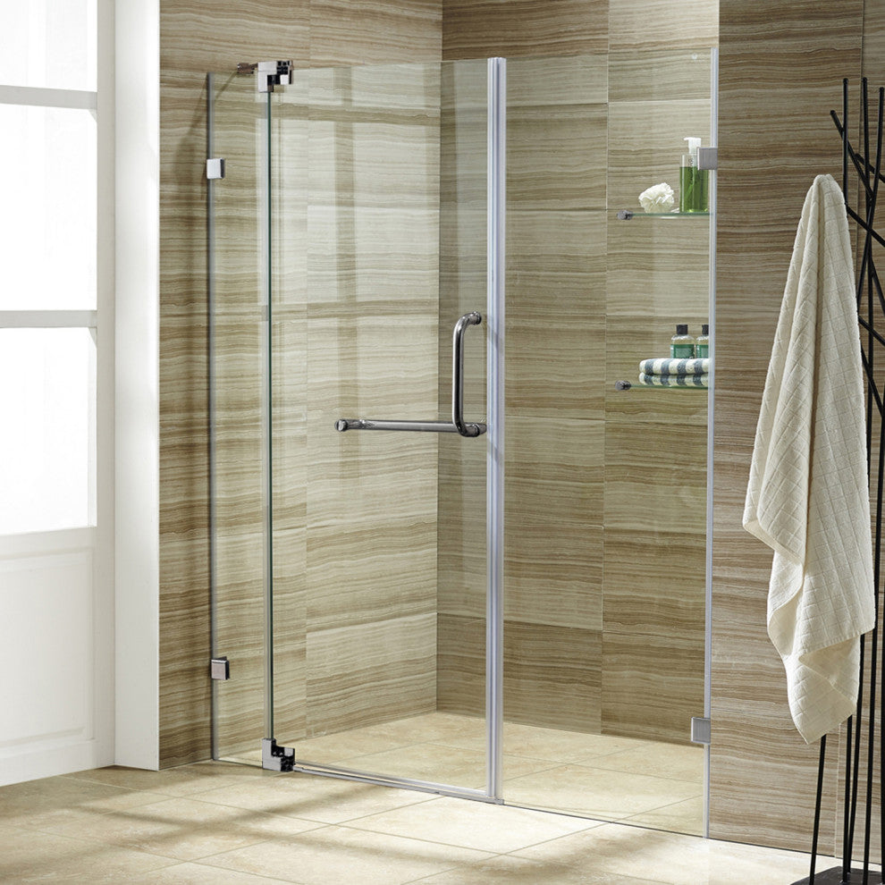 VIGO Pirouette 48" to 54" W x 72" H Frameless Pivot Shower Door, Brushed Nickel, Clear Glass